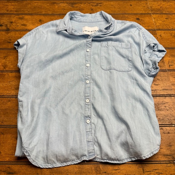 Lola River Tops - LOLA RIVER Womens Chambray Button Up Shirt Light Blue Short‎ Sleeve Size S